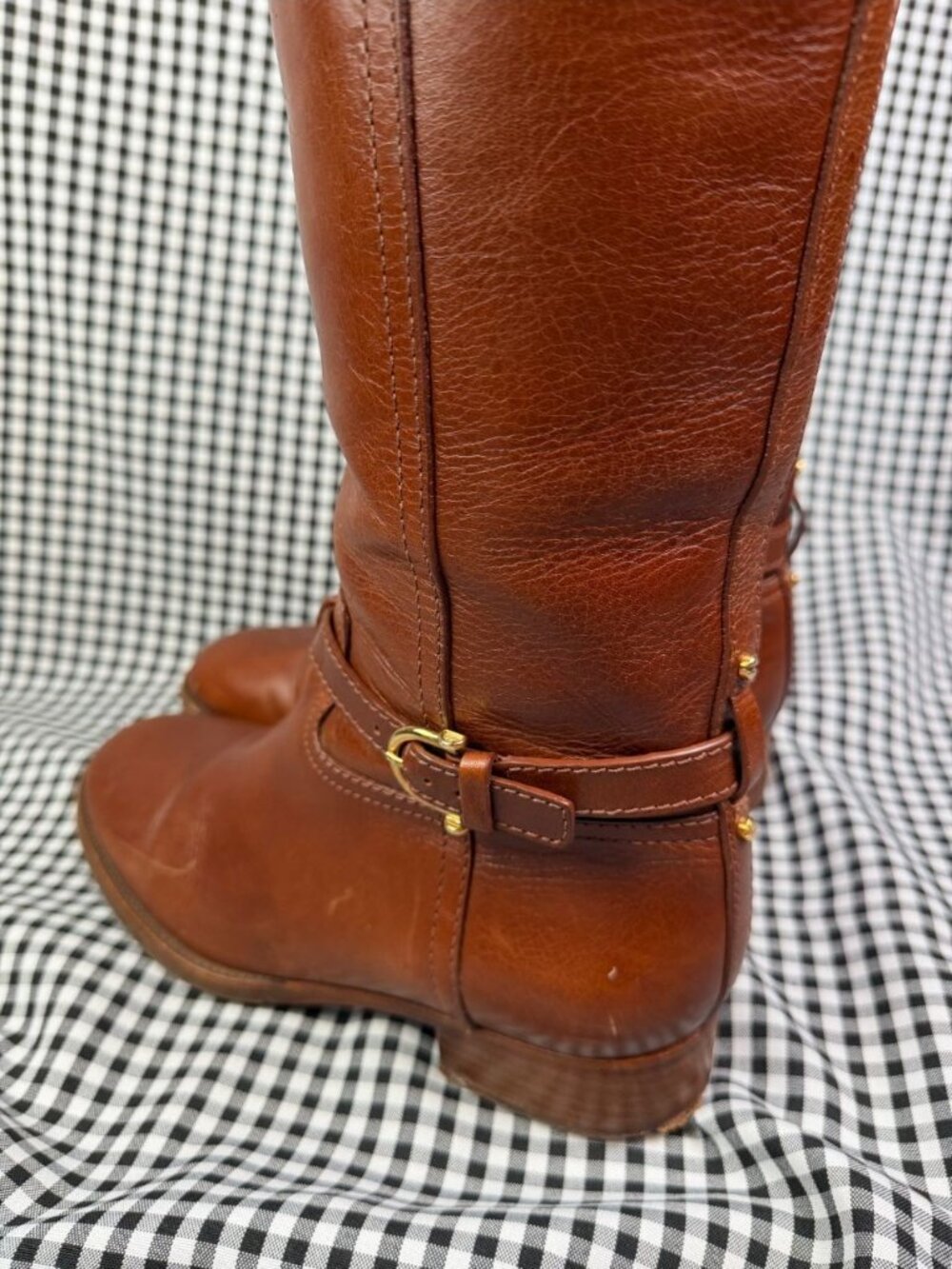 Tory Burch Nadine Brown Leather Riding Boots Womens 7 M Tall Gold Logo - Picture 4 of 8